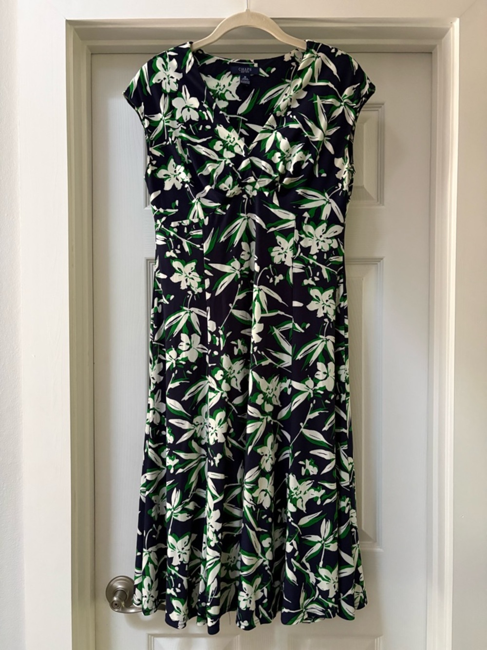 Chaps Navy Floral Midi Dress with White & Green Botanical Print